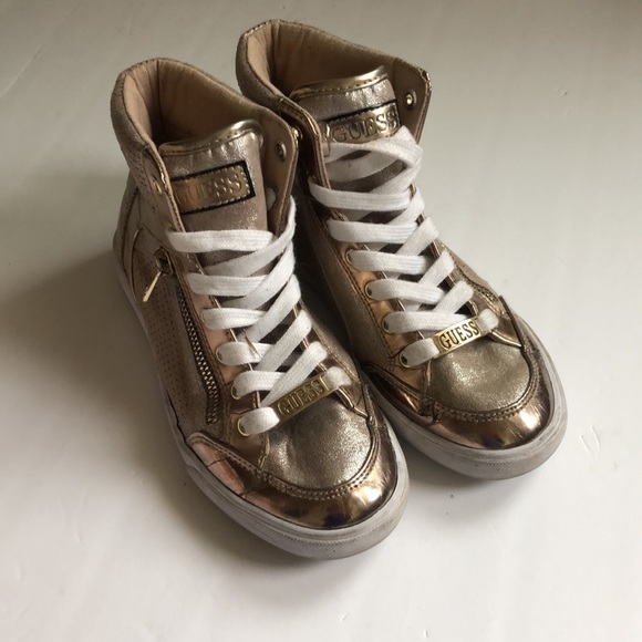 Vintage Guess high top sneakers gold with zippers SZ 5 Metallic logo Nice shoes - Picture 1 of 12